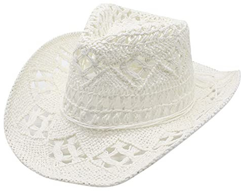 Western Cowboy Hats for Women Men UK Foldable Roll up Wide Brim Cowboy Cowgirl Straw Hats Summer UV Protection Holiday Sun Hat Travel Bucket Lightweight Fishing Cap White
