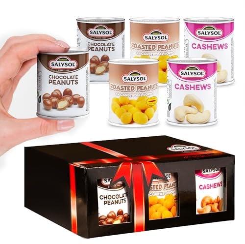 Salysol Snacks Nuts Chocolate Peanuts, Spicy Peanuts, Cashews 6 x 50g Cans - Chocolate Gift Box - Delicious Pure Natural Nuts for Snacking, Meals, and Cooking - Thoughtful Gift