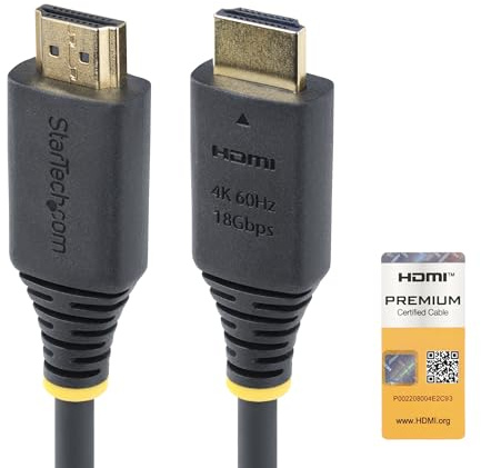 StarTech Câble HDMI Haut Débit Certifié Premium 1m, 4K 60Hz, 18Gbps, Noir | 1440p 144Hz, HDR10, HDCP 2.2, ARC, HDMI 2.0, Gaine TPE, 32 canaux, Rétrocompatible