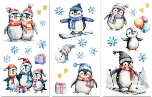 Peacoblue UV DTF Rub-On Transferfolie Möbel-Sticker Winterpinguine und Schneeflocken 15x30cm, 3 Stk. Wasserfeste Deko-Transferaufkleber für Möbel Glas Porzellan Wäscheschränke Kommoden Kunststoff