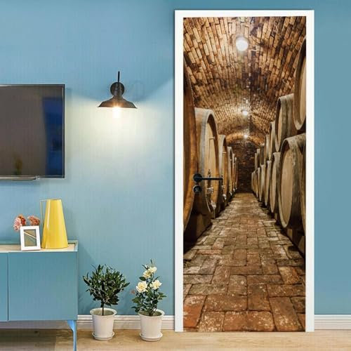 Türtapete 3D Holzfässer Wein Weinkeller Selbstklebend TürPoster, Fototapete Türfolie Abnehmbar Wandtapete Schlafzimmer Türaufkleber Vinyl Mauer AufkleberWasserdicht TürPoster für Zuhause Dekor 77x200c