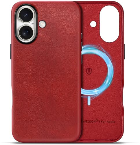SHIELDON Lederhülle für iPhone 16, Magnetisch Kabelloses Laden Hülle [Einfach Aussehen] [Stoßfest] [Dünn] [Leicht] Schutzhülle Hüllen Kompatibel mit iPhone 16 5G 6,1 2024 Retro Rot