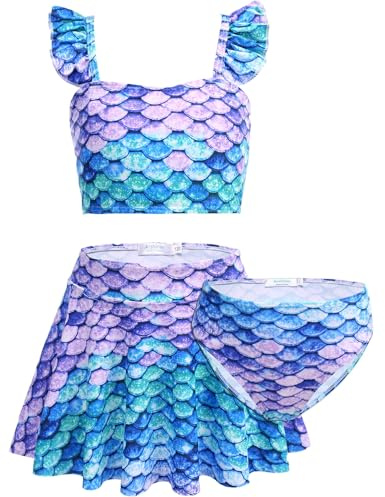 Arshiner Mädchen Bikini Set 3pcs Kinder Rüschen Tankini Badeanzug mit Rock | Meerjungfrau,Urlaub Bademode,Surf Schwimmanzug,Verstellbare Träger,5-12 Jahre