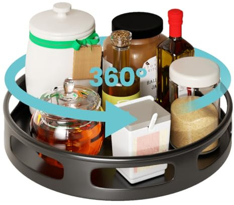 Heikoeco® Drehteller Organizer 25cm, 360° Drehplatte Gewürzhalter, Küchen Kühlschrank Organizer für Kitchen,Küchenschrank,Kosmetik,Badezimmer (Schwarz, 1 Ebene 5,5 cm hoch)
