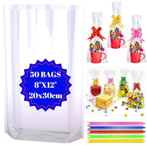 MAARA Cellophane Bags, Pack of 50 (8X12/20X30CM) Clear Cellophane Sweet Bags, Food Safe Cookie Bags With Bows, Cellophane Treat Bags For Mugs, Clear Plastic Gift Bags, Flat Bottom Clear Party Bags