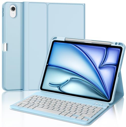 JADEMALL Clavier pour iPad Air 11 (M2/M3) 2025, Coque Clavier pour iPad Air 11 Pouces M2/M3 2024/2025, AZERTY Français Bluetooth Magnétique Détachable pour Air 11 M2/M3 2024/2025, Bleu Ciel