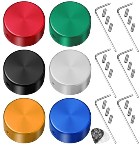 GATSUZG 6 Stück Gitarre Pedal Fußschalter Topper, 6 Farbe Aluminiumlegierung Fuß Nagelkappen Gitarre und Bass Effekte Pedal Schutzkappe für Effektpedal Schalter, mit Gitarre Pick