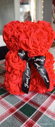 Rose Bear Teddy, Red Foam Roses, Decorative Gift Bear with Black Ribbon, Romantic Present