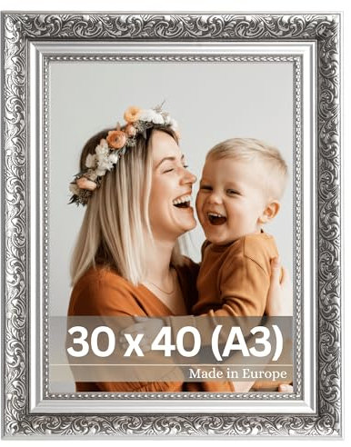 VictoR Barocker Bilderrahmen Rembrandt Schwarz Silber 30x40 cm (A3) - Leiste: 58x41mm - Antik Vintage Stil - mit bruchsicherem Acrylglas - MDF-Rückseite - Hoch- & Querformat