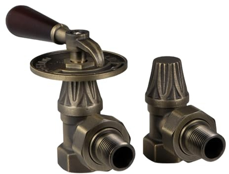 VANCOCO Antik Messing Thermostatventil G1/2 mit Eichenholz-Drehknopf + sandgestrahlter Rücklaufverschraubung, Eckventil-Set für Heizkörper, Frostschutz