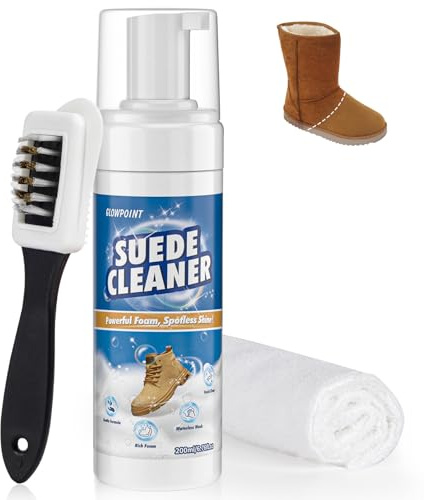 GLOWPOINT Suede and Nubuck Cleaner, 200ml Shoe Cleaning kit with 3-Sided Suede Brush & Towel, Suede Shoe Cleaner Foam Removes Dirt & Stain for Suede, Nubuck, Leather, Knit, Boots, Sneaker, Sandals