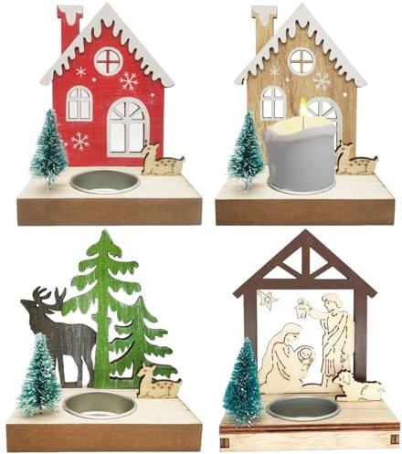 4Pcs Christmas Village Candle Holder, House Tree Santa Tealight Holder for Tabletop