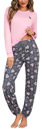 Bresdk Pyjama Femme Hiver Coton Ensembles de Pyjamas Vêtements de Nuit Pantalon Doux et Confortable avec Imprimé Coeur