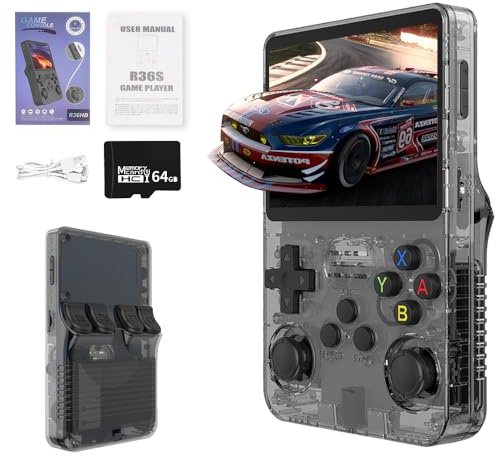 Weciau R36S Handheld Game Console, 3.5 Inch 3500mAh Portable Retro Games Console with Open Source Linux System, 64G TF Card, 20000+ Classic Games for Teens and Adults Gifts (Black)