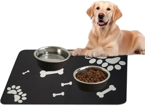 40x60cm Pet Food Mat, Absorbent Pet Feeding Mats, Large Non-Slip Waterproof | Non-Slip Waterproof Rubber Dog Food Placemat for Floor Protection, Black Mat for Cat Feeding and Water Bowls