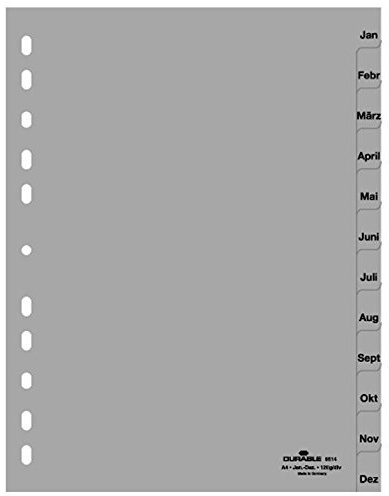 Durable Register für DIN A4, volldeckend (10er Pack - grau, Jan-Dez)
