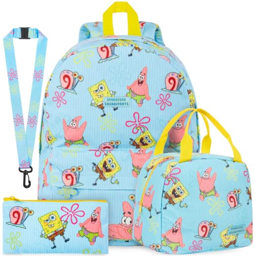 Get Trend Bob L'éponge Sac a Dos Fille Set, 4 Pcs Cartable Sac Isotherme Repas Trousse Scolaire et Porte Badge Tour de Cou Courroie (Multi Spongebob)
