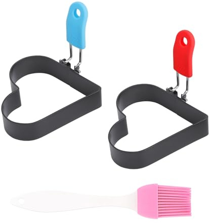 2 stampi per uova fritte, pancake, in acciaio inox, a forma di cuore, antiaderenti, per omelette, con manici pieghevoli, per uova fritte