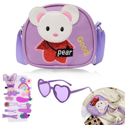 Megcdtr Umhängetasche Mädchen, Umhängetasche, Mädchen Handtasche mit Verstellbarem Gurt, Kleines Mädchen Maus Tasche, Handtasche Mädchen mit 1 Stück Brille und 14 Stück Haarklemmer