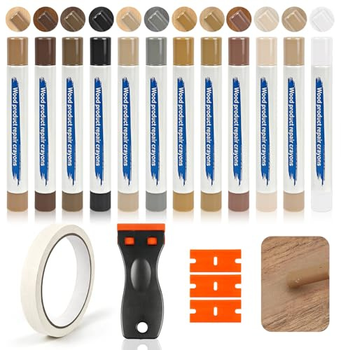 Laminat Reparaturset 12 Farben Hartwachs Reparaturset mit Schaber | Holzkitt Graue Holzreparatur Set für Holz Fliesen Parkett Laminat Vinyl, Holzreparaturstift von Löchern Kratzern und Rissen