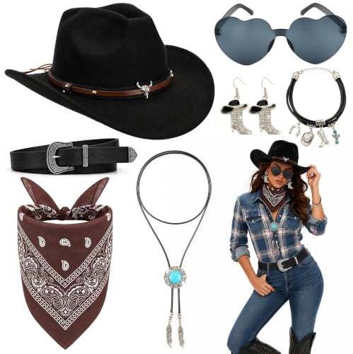 Rilcn 7 Stück Cowgirl Kostüm Damen Set, Western Outfit mit Cowboyhut, Gürtel, Bandana, Sonnenbrille, Ohrringen & Halskette – Country Cowboy Zubehör für Karneval, Halloween, Festival & Motto Party