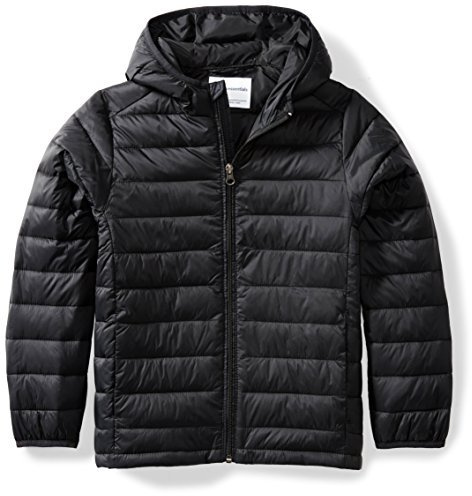Amazon Essentials Jungen Leichte, Wasserabweisende, verstaubare Kapuzenjacke, Schwarz, 10 Jahre