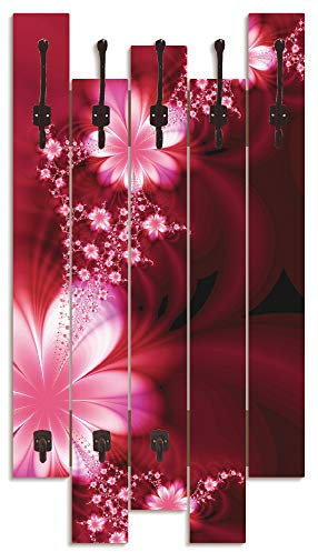 ARTLAND Wandgarderobe Garderobenpaneel Holz mit 8 Haken 63x114 cm Design Garderobe mit Motiv Natur Blumen Rot T6BH