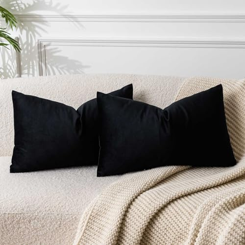 JUSPURBET Black Velvet Cushion Cover 40 x 60 cm Set of 2 for Living Room Sofa Bedroom Decorative Rectangular Soft with Invisible Zip