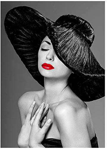 ZMFBHFBH Wandkunst Sexy Frau im Hut Mit Leinwanddruck Rote Lippen Abstrakte Plakatmalerei Nordic Modern Living Room Decor 40x50cm (15.7x19.7) Kein Rahmen