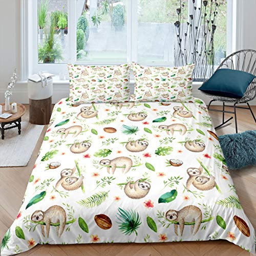 Loussiesd Cartoon Faultier Bettbezug Set 155x220 cm Kinder Faultier Bettwäsche Set Süße Tiere drucken Bettwäsche für Jungen Kleinkinder Mädchen Faultier Palmblatt Dekor Bettwäsche