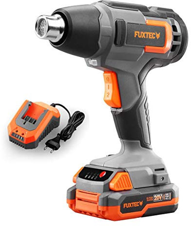 Pistola ad aria calda, termica 20V, fino a 550°C, FUXTEC E1HLP20, con batteria 2Ah e caricatore 2,4A- scioglimento, sverniciatura, saldatura, piegatura - riflettore e ugello deflettore