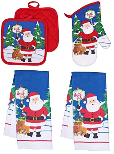 Collection Christmas Kitchen Towel Set 5 Piece 2 Pot Holders Oven Gloves, 2 Towels with 1 Oven Mitt (Santa Claus)