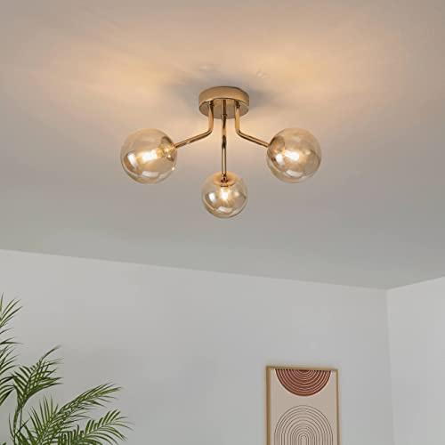 KOSILUM – Deckenleuchte Gold mit 3 Kugeln aus Bernsteinglas – Ottavia – Licht warmweiß Beleuchtung Wohnzimmer Schlafzimmer Küche Flur – 3 x max 28 W – G9 – IP20
