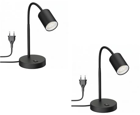 ledscom.de 2x Tischleuchte WAIKA mit Schwanenhals und Schalter schwarz matt, inkl. GU10 LED Lampe (warmweiß, 2,339W, 227lm, 110°)