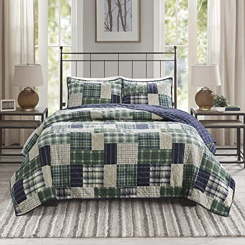 Madison Park Reversible Quilt Cabin Lifestyle Plaid Design - All Season, Breathable Coverlet Bedspread Bedding Set, Matching Shams, Full/Queen(90x90), Green/Navy 3 Piece
