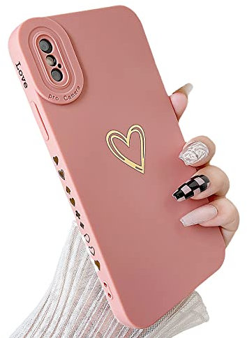 SmoBea Compatible with iphone Xs Max Case, Cute Gold Heart Pattern Phone Case for Women Girls With Side Small Love Pattern Silicone Protective Shockproof Phone Case (pink)