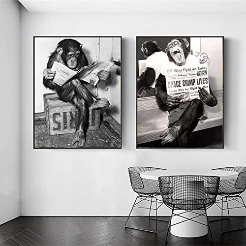DrôLe Singe Affiche Et Lecture Entreprise Journal Toile Tableau Peinture Toilettes DéCor Noir Blanc Animal Murale Art Image 40x50cmx2 Sans Cadre