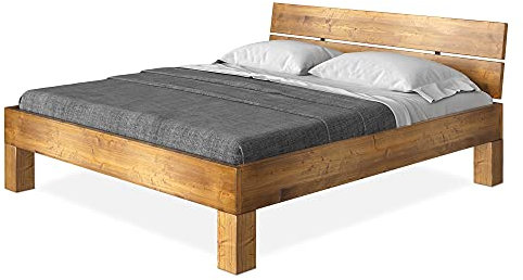 moebel-eins CURBY 4-Fuß-Bett mit Kopfteil, Material Massivholz, rustikale Altholzoptik, Fichte, 140 x 220 cm, Vintage, Standardhöhe