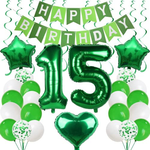Ballons 15. Geburtstag Grün Luftballon Geburtstagsdeko für Jungen Mädchen Deko Luftballons mit Girlande