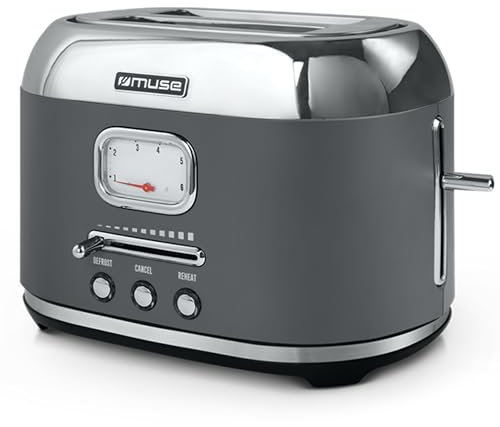 Muse Edelstahl-toaster im grauen retro Design, analoge Anzeige, beleuchtete Tasten, 6 Bräunungsstufen, 2 Scheiben, MS-120 DG, Vintage Look, mit Krümelschublade