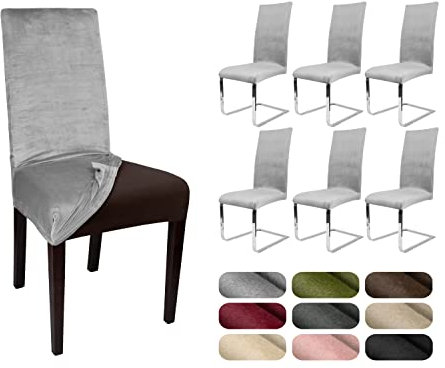 BEAUTEX 6er Set LEA Stuhlhusse, elastische Uni Stretch-Husse aus Samt Mikrofaser Farbe wählbar (Hellgrau)