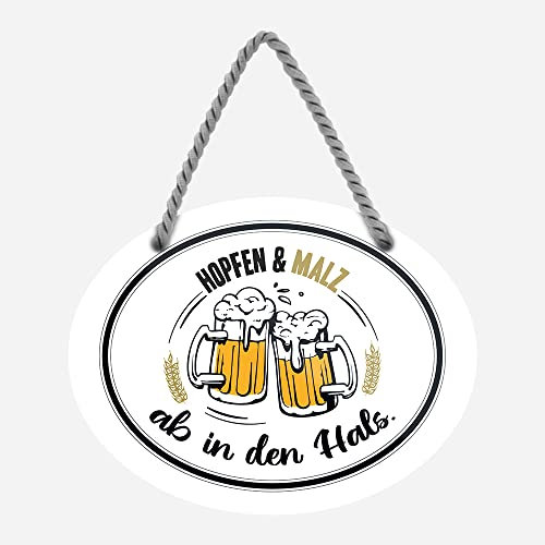 Hopfen und Malz Blechschild - lustiges Bierschild mit Trinkspruch - Metallschild mit Kordel und Saugnapf - Deko Bar Kneipe Pub Partykeller - 18 cm x 12 cm