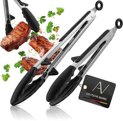 AVANA Koch- und Grillzange, Edelstahl Küchenzange mit integriertem Standfuß Silikon Servierzange Hitzebeständig Zange Mehrzweckzange - 2er Set Schwarz