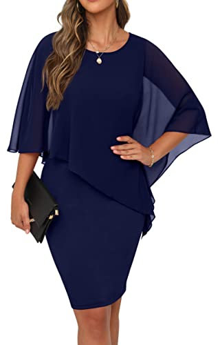 QIXING Robe Femme Élégante Été Cape en Mousseline de Soie Élégante Vetement Robe Crayon Midi Cocktail pour Femmes pour Les Funérailles, Les Fêtes et Les Mariages (Bleu Marine, L)