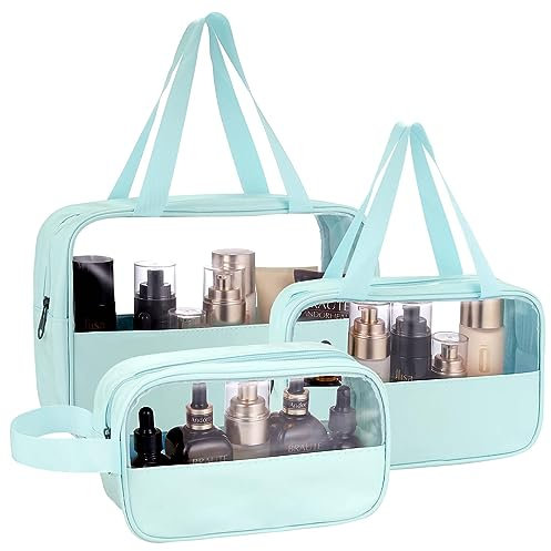 Huiguli 3 Stück Kosmetiktasche Durchsichtig, Kulturtasche Reise Damen, Wasserdicht Kosmetiktasche Set für Reise Badezimmer Gym Make Up Urlaub, Hellgrün