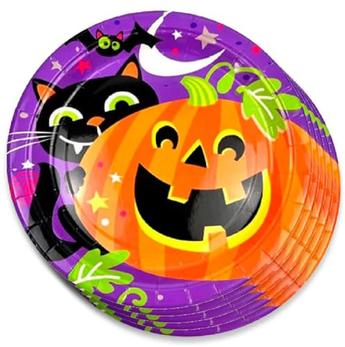 Tradineur - Pack de 24 platos de Halloween - Diseño Calabaza y gato negro - Fabricado en Papel - Apto para uso alimentario - Ø 23 cm
