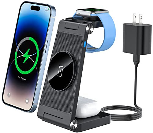 SUTOUG Cargador inalámbrico 3 en 1 mag-Safe Estación de Carga con Adaptador de CA de 18 W Compatible con iPhone 15/14/13/12 Pro MAX Plus, estación de Carga de Viaje Plegable para Apple Watch y Air