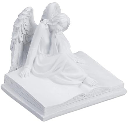 Relaxdays Statuetta Angelo Custode Seduto, Statua Commemorativa Resistente al Gelo, per Giardino, Poliresina, Bianco, 15 x 17,5 x 15,5 cm
