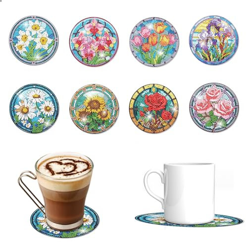 Goiern 8 Stück Diamond Painting Untersetzer Blumen, Diamant Malerei Untersetzer, 5D Diamant Painting Untersetzer für Tassen, Weingläser, Vasen und Heimküche