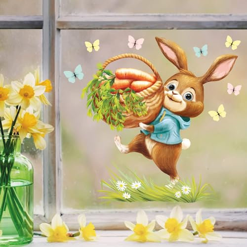 Wandtattoo Loft Fensterbilder Frühling Selbstklebend Ostern Hase & Karotten Motiv – A3 Bogen, Wiederverwendbar – Deko Frühling, Frühlingsbild Fenster, Fensterdeko Frühling, Fensterbild Ostern